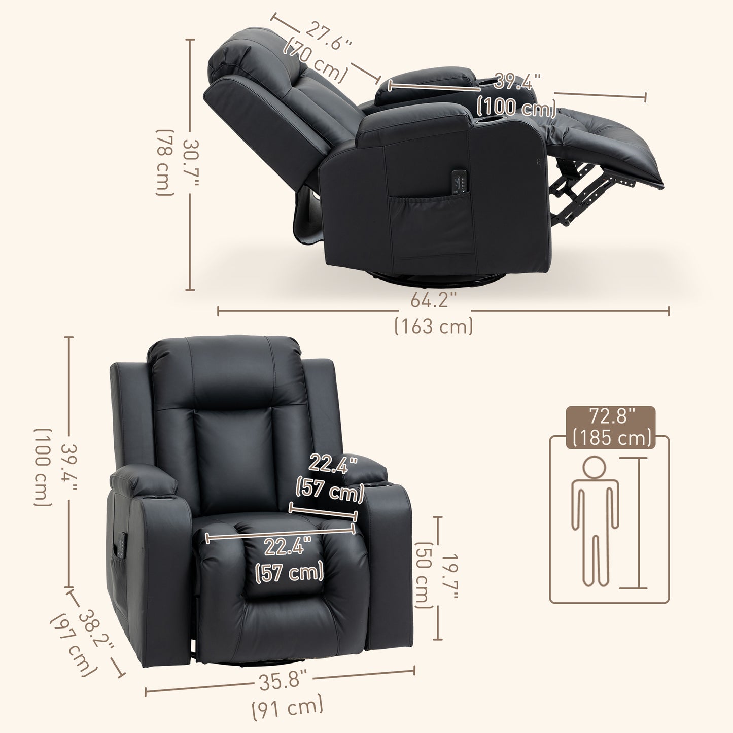Swivel Massage Recliner Chair Rocker, Overstuffed Manual Reclining Sofa, PU Leather Rocking Chair with Side Pockets, Cup