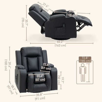 Swivel Massage Recliner Chair Rocker, Overstuffed Manual Reclining Sofa, PU Leather Rocking Chair with Side Pockets, Cup