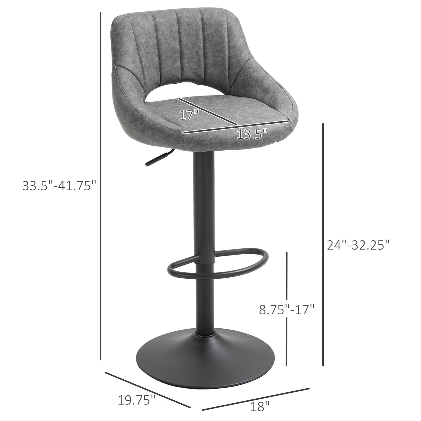 Bar Stools Set of 2, Swivel Counter Height Barstools with Adjustable Height and Cutout Back, Faux Leather Upholstered Ba