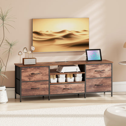 TV Stand for TVs up to 65 Inch, Industrial TV Console with Charging Station, 5 Drawers and Open Shelves, Rustic Brown