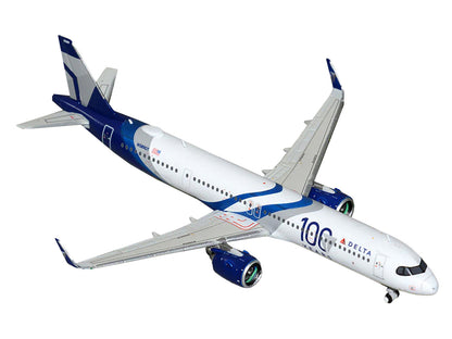 Airbus A321neo Commercial Aircraft "Delta Air Lines 100 Years" (N589DT) White and Blue with Stripes 1/400 Diecast Model Airplane by GeminiJets