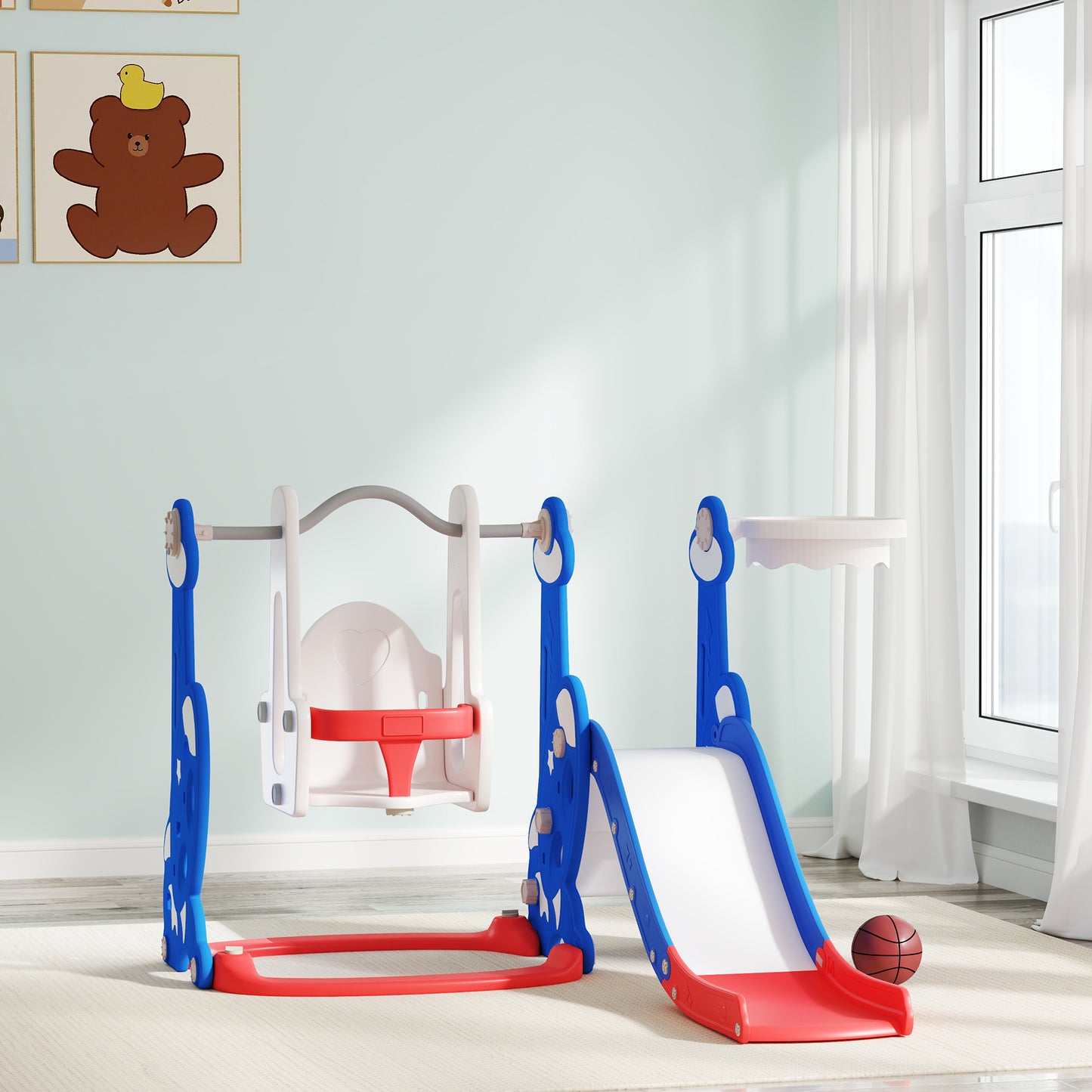 Qaba 4-in-1 Slide and Swing Set with Basketball Hoop, Climber, for Ages 1.5-4 Boys Girls Toddler, Rocket Themed, Dark Bl