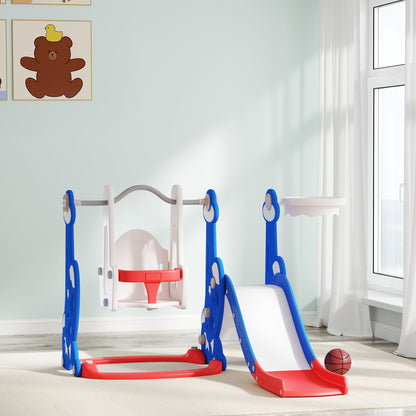 Qaba 4-in-1 Slide and Swing Set with Basketball Hoop, Climber, for Ages 1.5-4 Boys Girls Toddler, Rocket Themed, Dark Bl