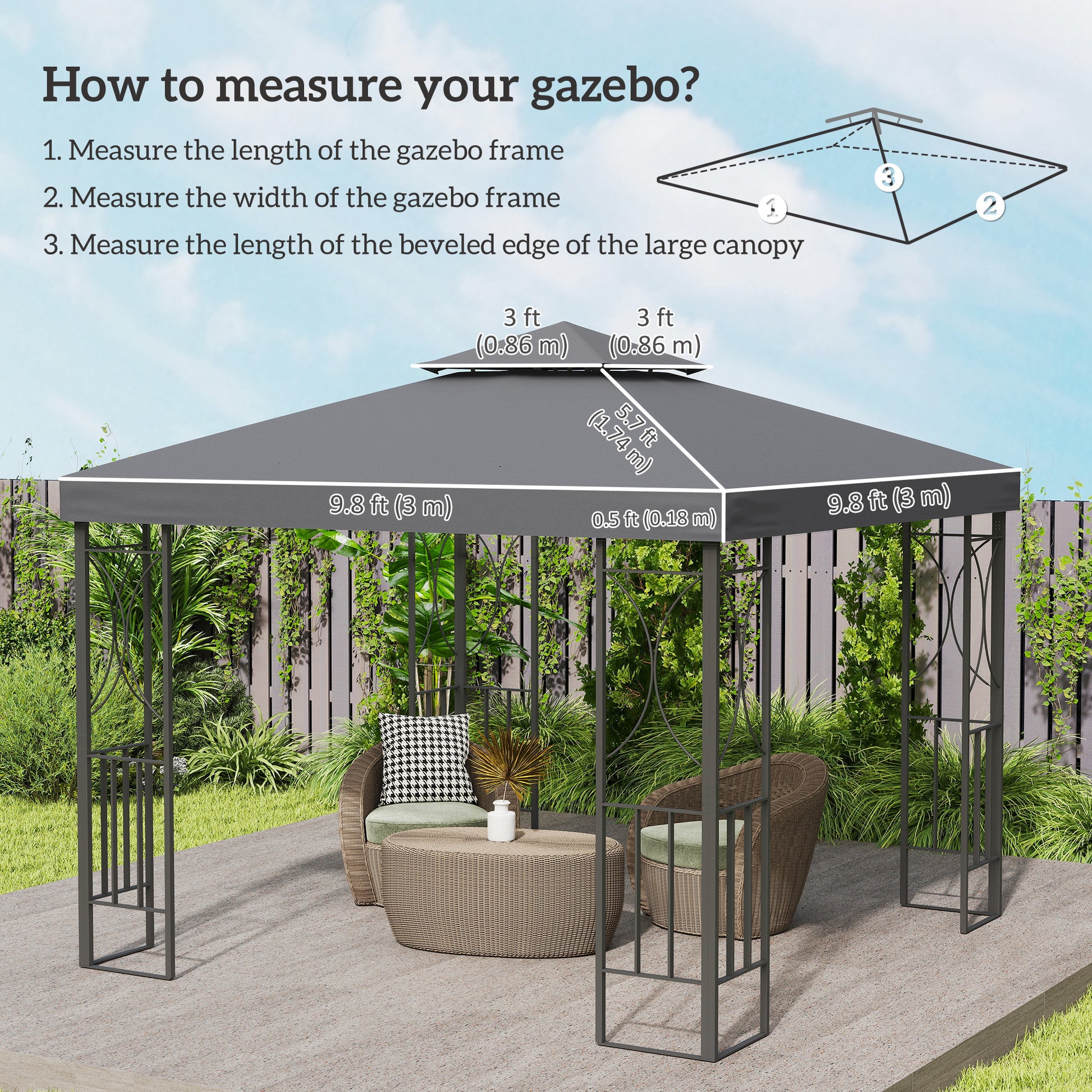 10' x 10' Square 2-Tier Gazebo Canopy Replacement Top Cover Outdoor Garden Sun Shade, Dark Grey
