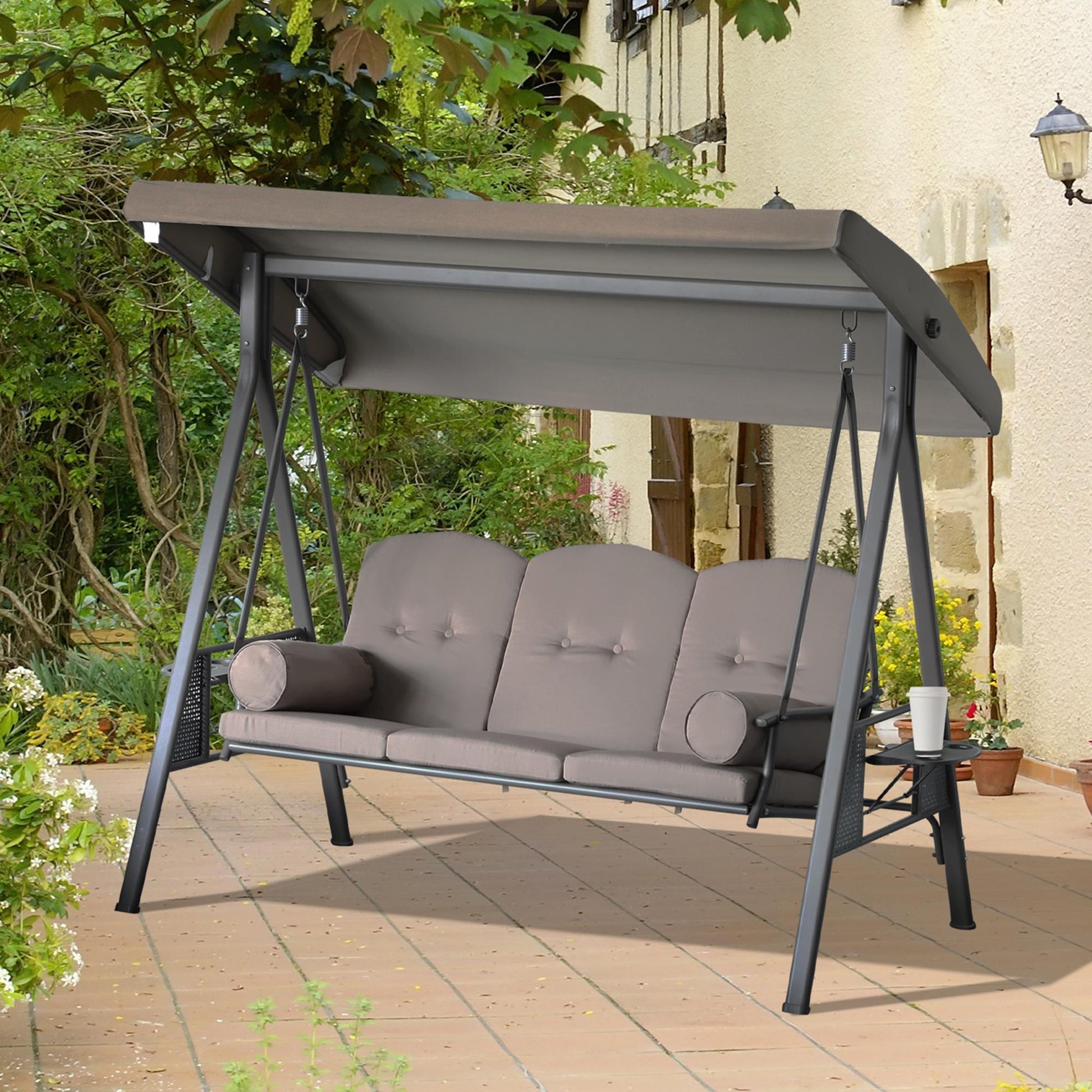 3 Seater Porch Swing Heavy Duty Outdoor Swing Chair Outdoor Lounge Hammock Cushioned Seat W/ Tilt Canopy, Brown