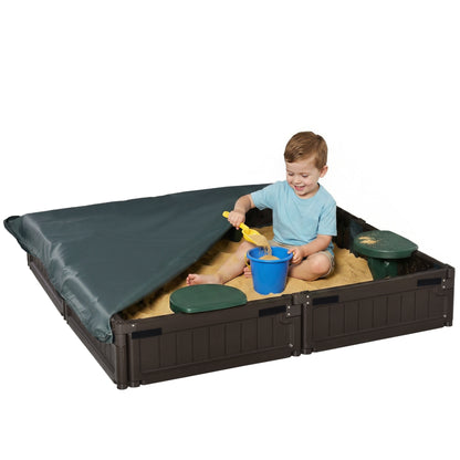 Kids Outdoor Sandbox with Canopy, Bottom Fabric Liner, Brown
