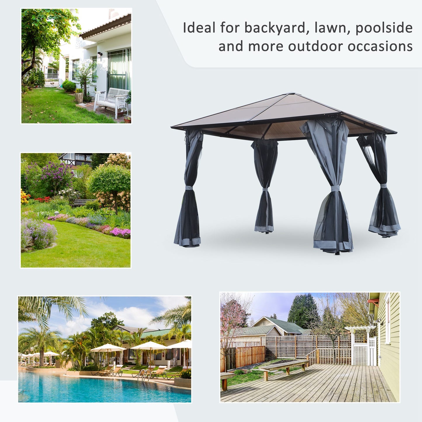 9.8' x 9.8' Garden Aluminium Gazebo Hardtop Roof Canopy Marquee Party Tent Patio Outdoor Shelter with Mesh Curtains & Si