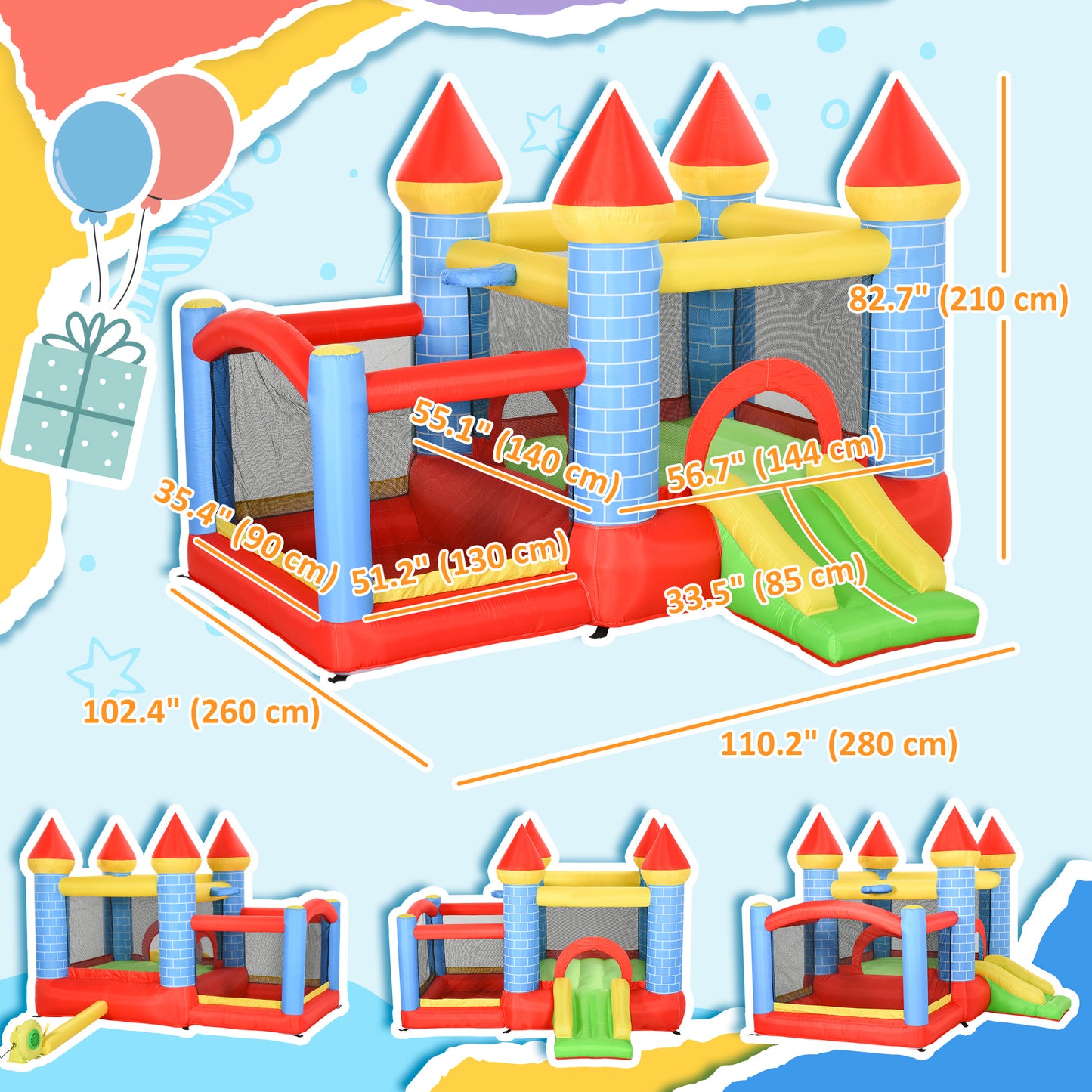 Qaba 9.2 x 9.5FT Bounce House, 4 in 1 Inflatable Bouncy Castle for Kids With Trampoline, Slide, Water Pool, Basket, Blow