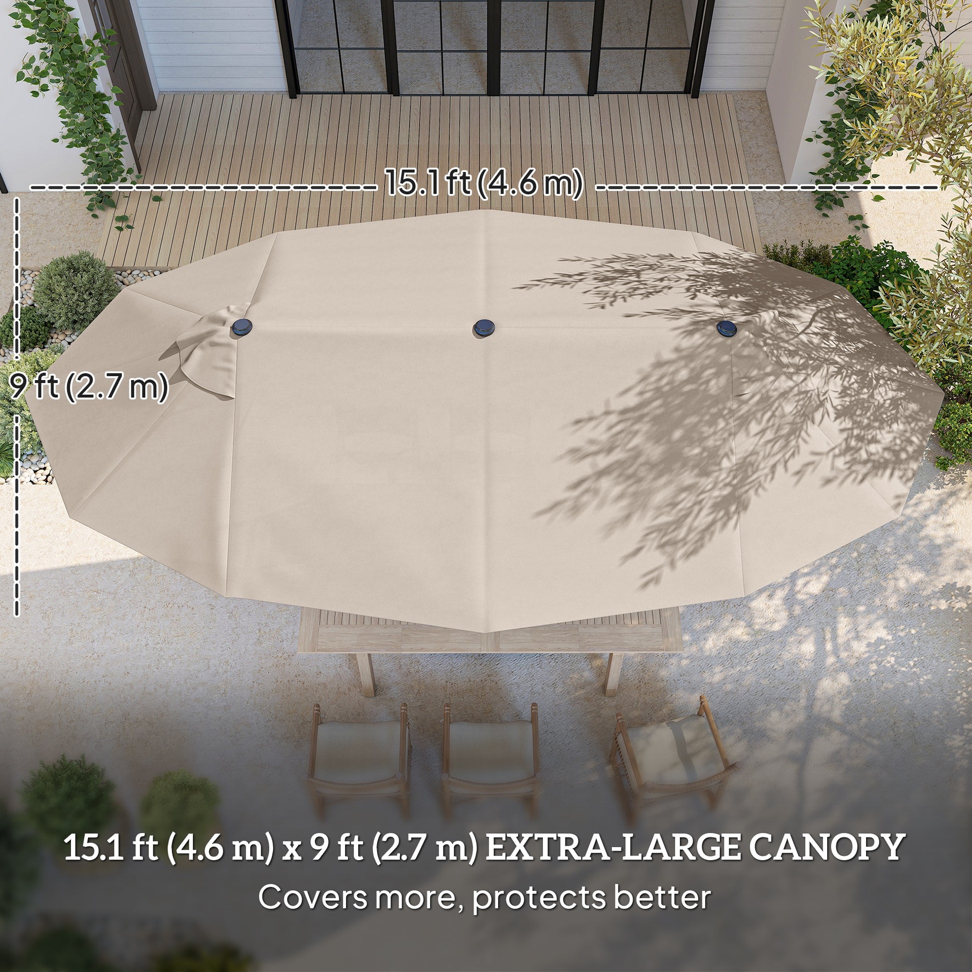 15 ft Double-Sided Patio Umbrella with Crank, Cross Base and Sandbag - Khaki - Image 3