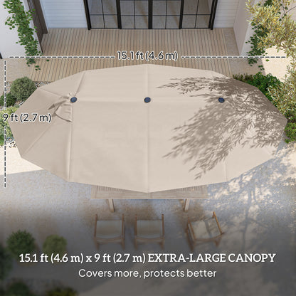 15 ft Double-Sided Patio Umbrella with Crank, Cross Base and Sandbag - Khaki - Image 3