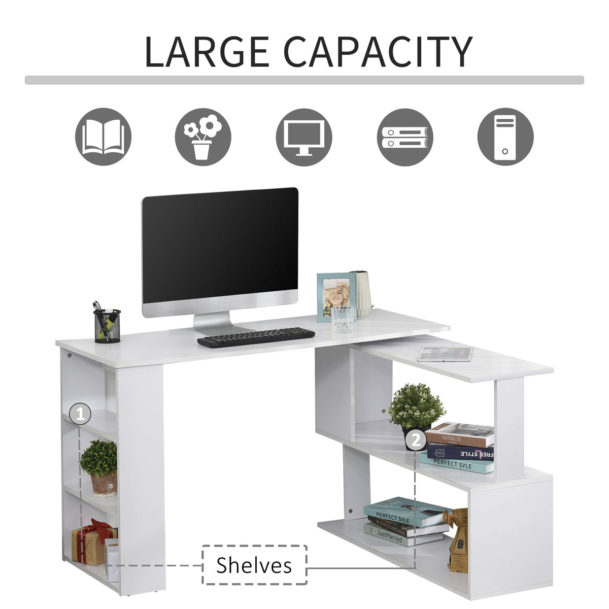 47" L Shaped Desk, 360° Rotating Corner Desk, Reversible Computer Writing Table Workstation with Storage Shelf for Home 