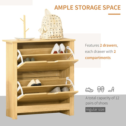 Shoe Storage Cabinet with 2 Flip Drawers and Adjustable Shelves for 8–12 Pairs of Shoes, Natural Wood