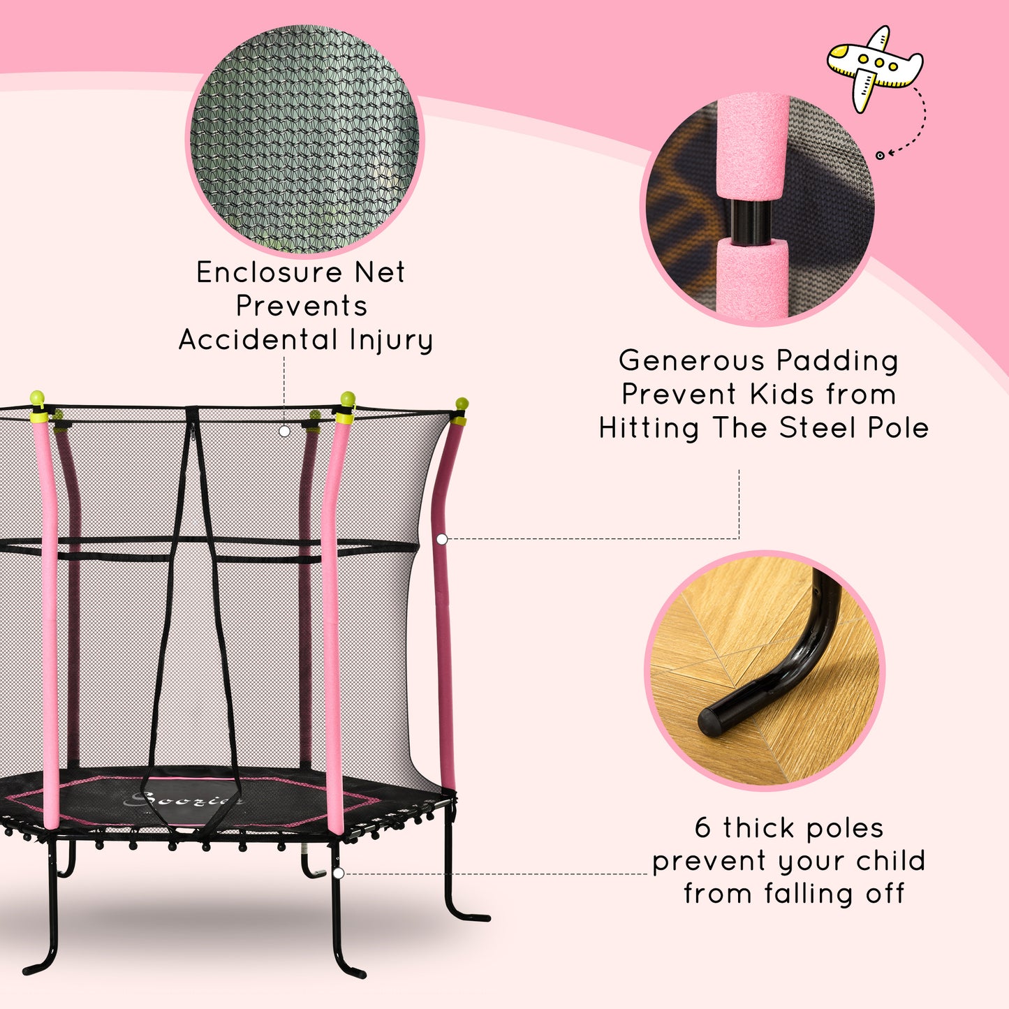 Soozier 63" Kids Trampoline Mini Indoor Bouncer Jumper with Enclosure Net Elastic Thick Padded Pole Gift for 3-6 Years, 