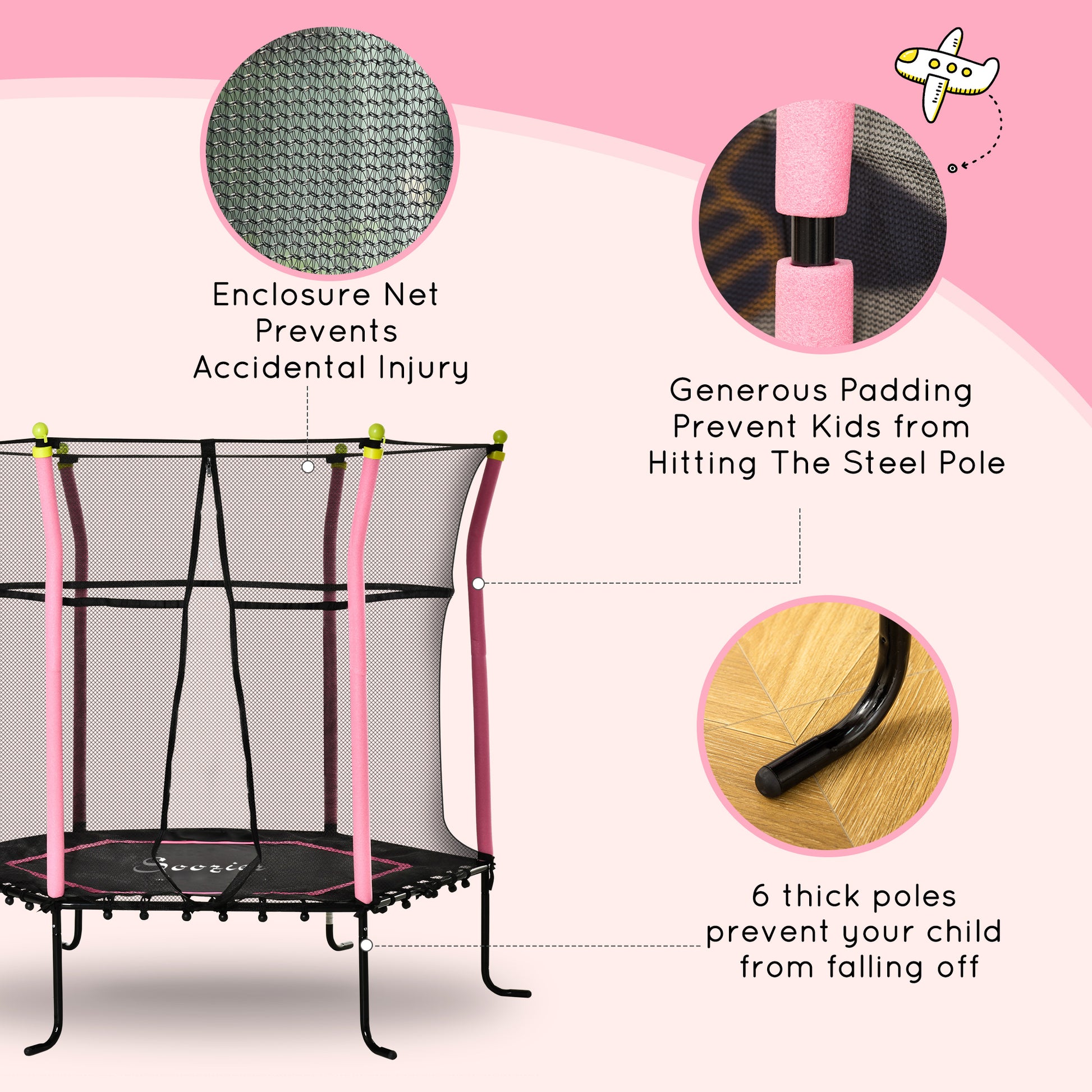 Soozier 63" Kids Trampoline Mini Indoor Bouncer Jumper with Enclosure Net Elastic Thick Padded Pole Gift for 3-6 Years, 