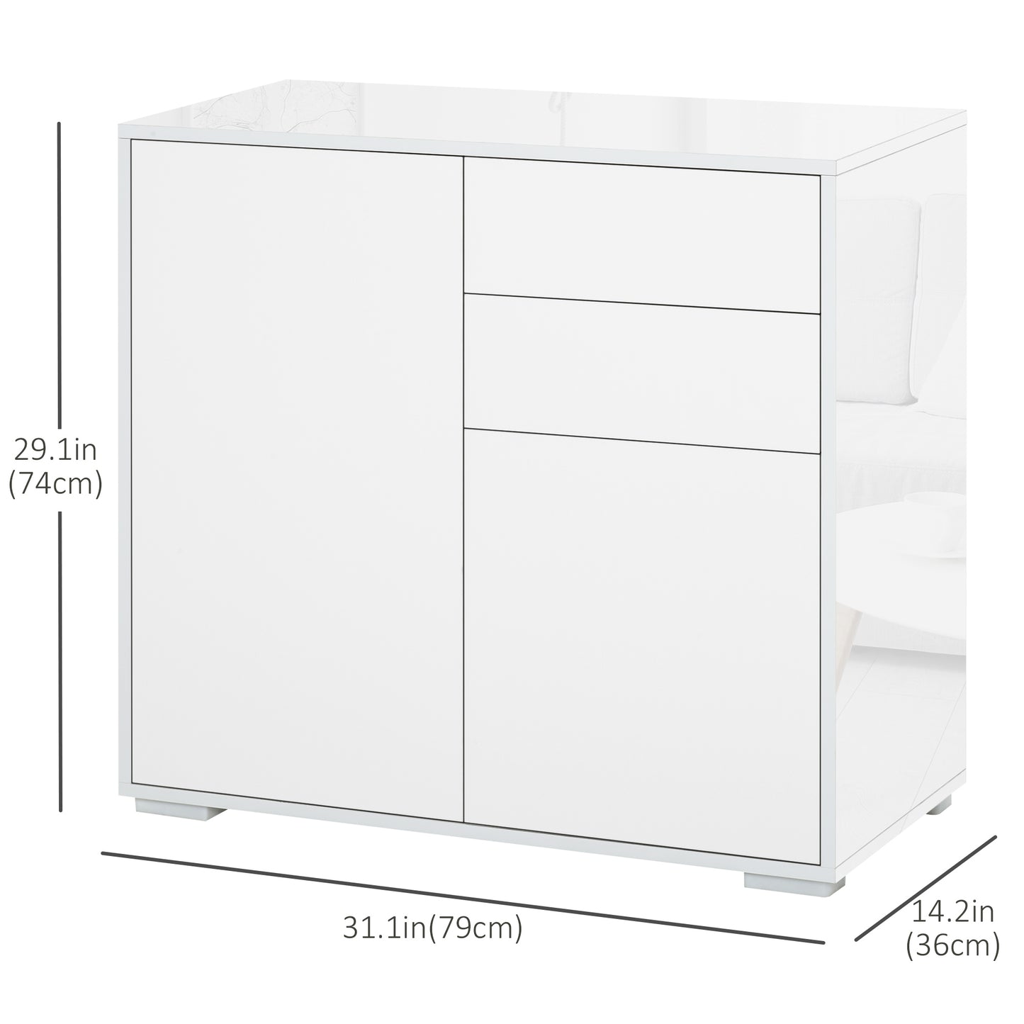 High Gloss Buffet Sideboard with 2 Drawers, 2 Doors and Adjustable Shelf, Kitchen Storage Cabinet with Push Open Design,