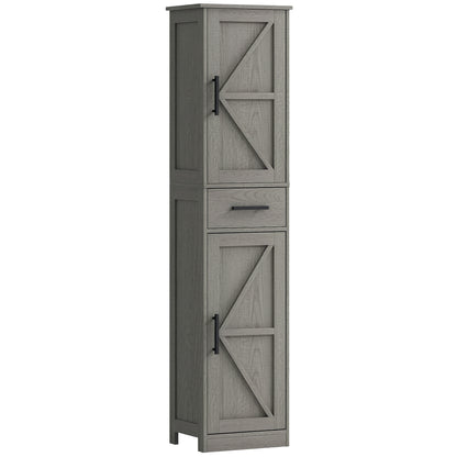 67" Tall Bathroom Cabinet, Narrow Bathroom Storage Cabinet with Drawer, Barn Doors and Adjustable Shelves, Dark Grey