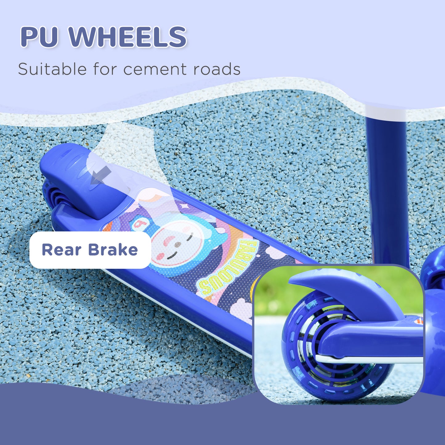 Qaba 3 Wheel Kids Scooter, Toddler Kick Scooter with Adjustable Height, Rear-Fender Brake, LED Light, TPE Handlebar, Blu
