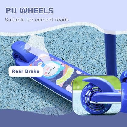 Qaba 3 Wheel Kids Scooter, Toddler Kick Scooter with Adjustable Height, Rear-Fender Brake, LED Light, TPE Handlebar, Blu