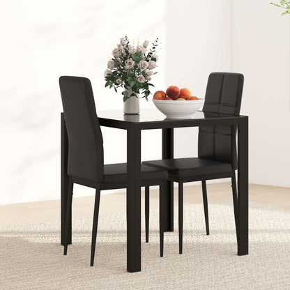3-Piece Rectangular Glass Kitchen Table and Chairs with Metal Frame and Faux Leather Upholstery for Dining Room, Black
