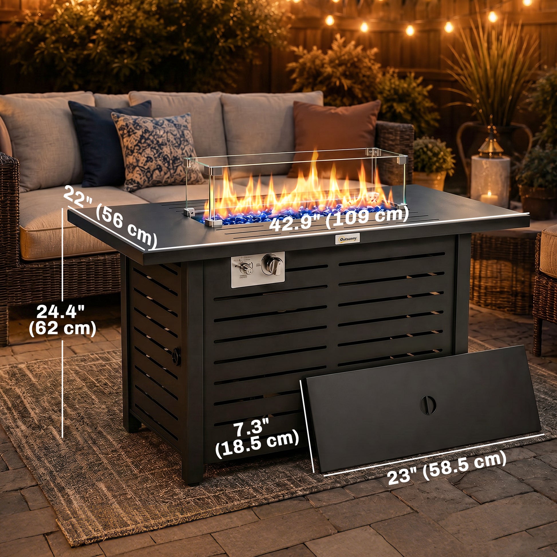 Propane Gas Fire Pit Table, Outdoor Firepit with 43" Steel Tabletop and Lid, 50,000 BTU Pulse Ignition Fire Table w/ Sta