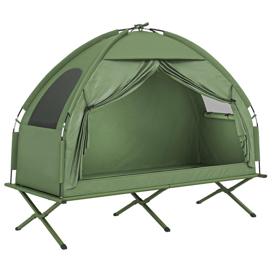Compact Pop Up Portable Folding Outdoor Elevated Camping Cot Tent Combo Set Dark Green