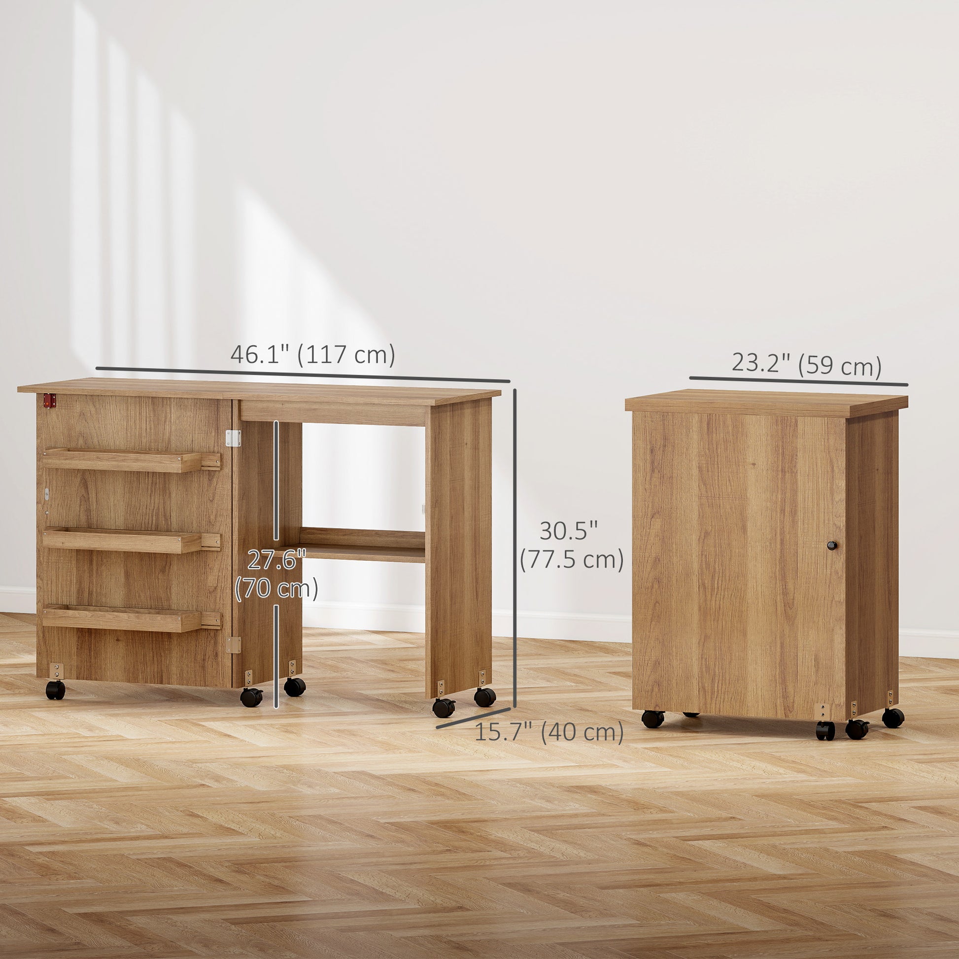 Sewing Machine Cabinet, Folding Sewing Table with Storage Shelf, Bins and Lockable Wheels for Small Space, Brown