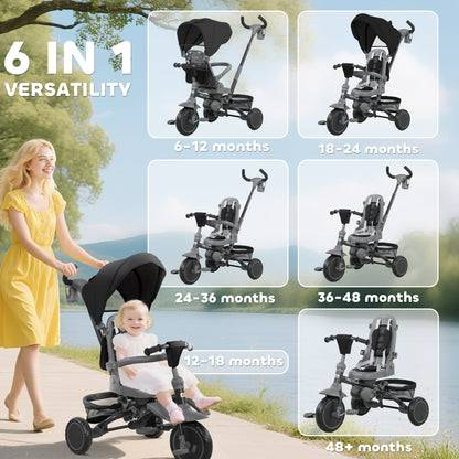 Qaba 6 in 1 Toddler Tricycle for 1-5 Years Old with Push Handle, Removable Canopy, Rotatable Seat, Black