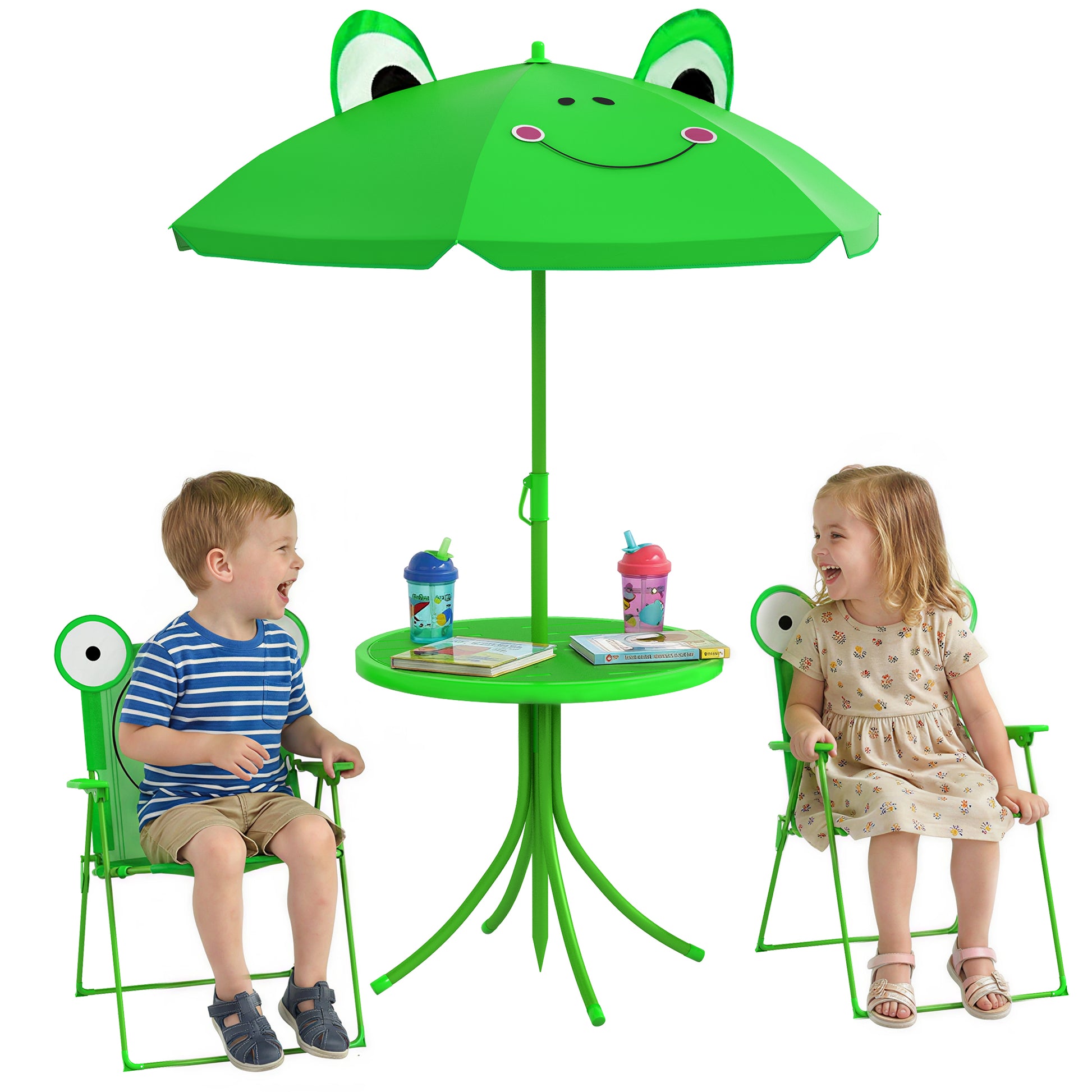 Kids Folding Picnic Table and Chair Set Pattern Outdoor Garden Patio Backyard with Removable & Height Adjustable Sun Umb