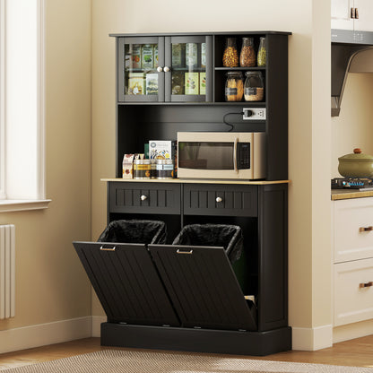 Kitchen Cabinet with Charging Station, 2 Tilt Out Cabinets, Microwave Stand, Freestanding Kitchen Pantry Cabinet, Black