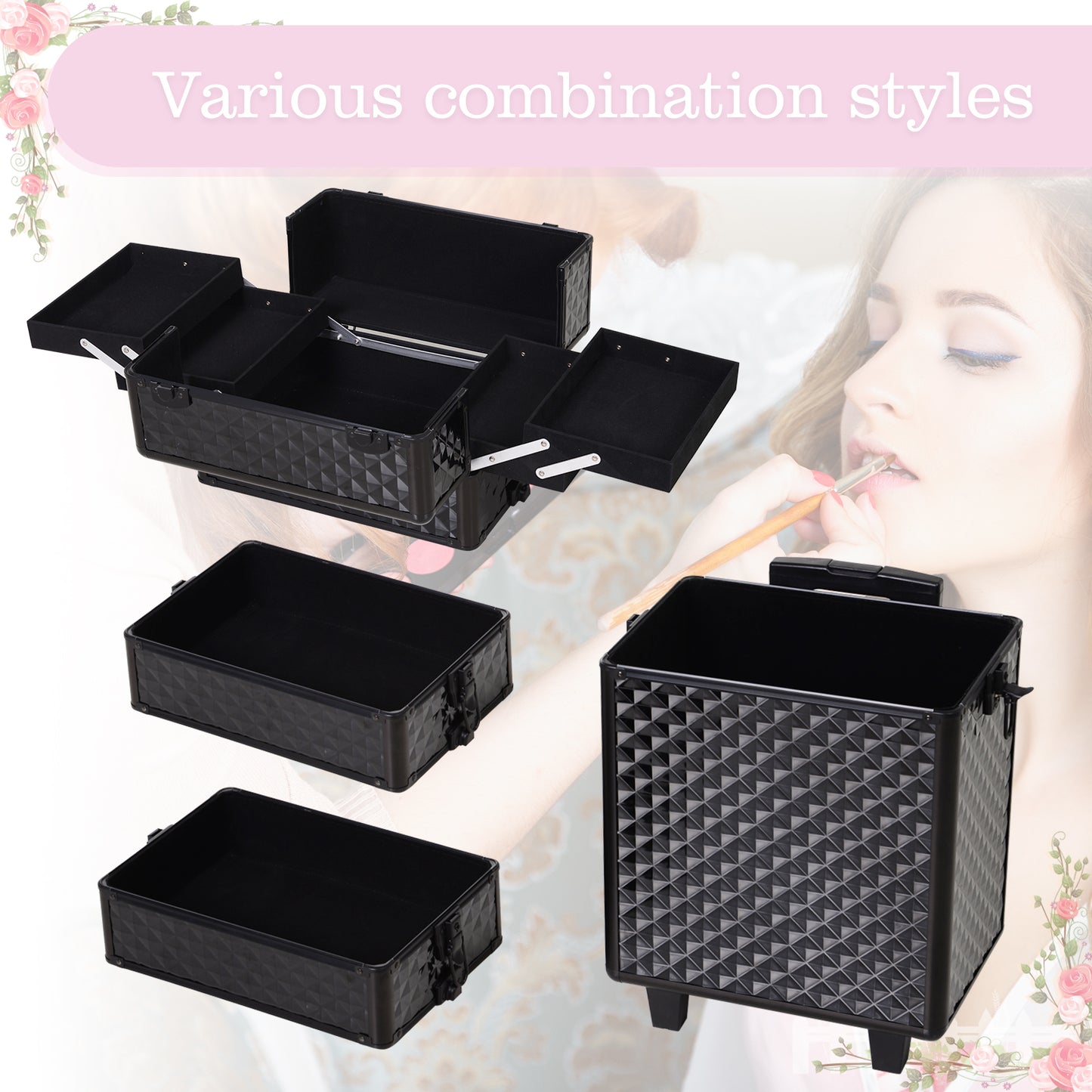 4 in 1 Portable Aluminum Makeup Case Train Cases, Rolling Makeup Case with 2 Wheels, Multiple Compartments and Lift Hand