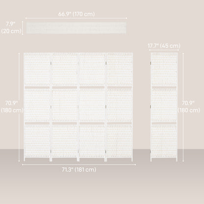 4 Panel Room Divider with Shelves, 6 FT Freestanding Folding Privacy Screen, Partition Wall Divider for Bedroom, White