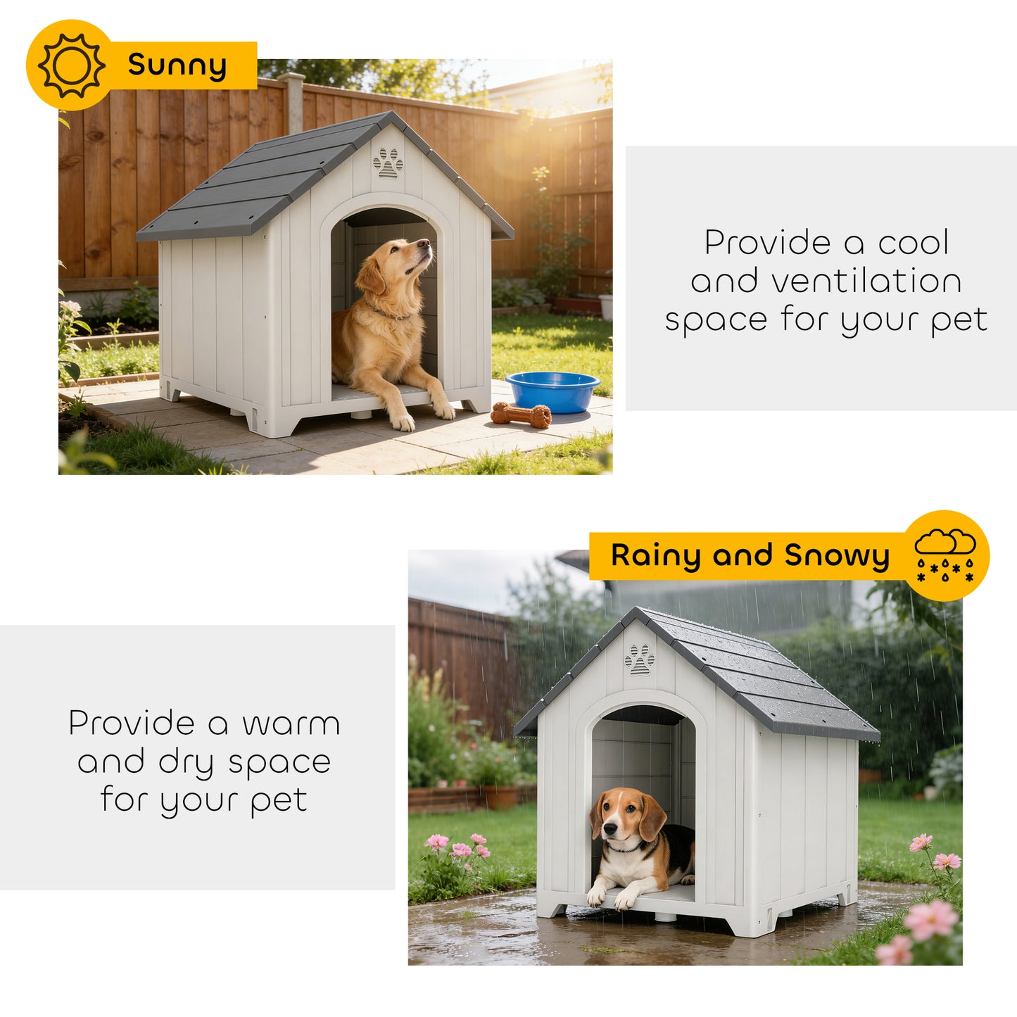 Large Plastic Dog House Outdoor Indoor, Water Resistant Puppy Shelter with Base Support, 34.6" L x 31.1" W x 35" H
