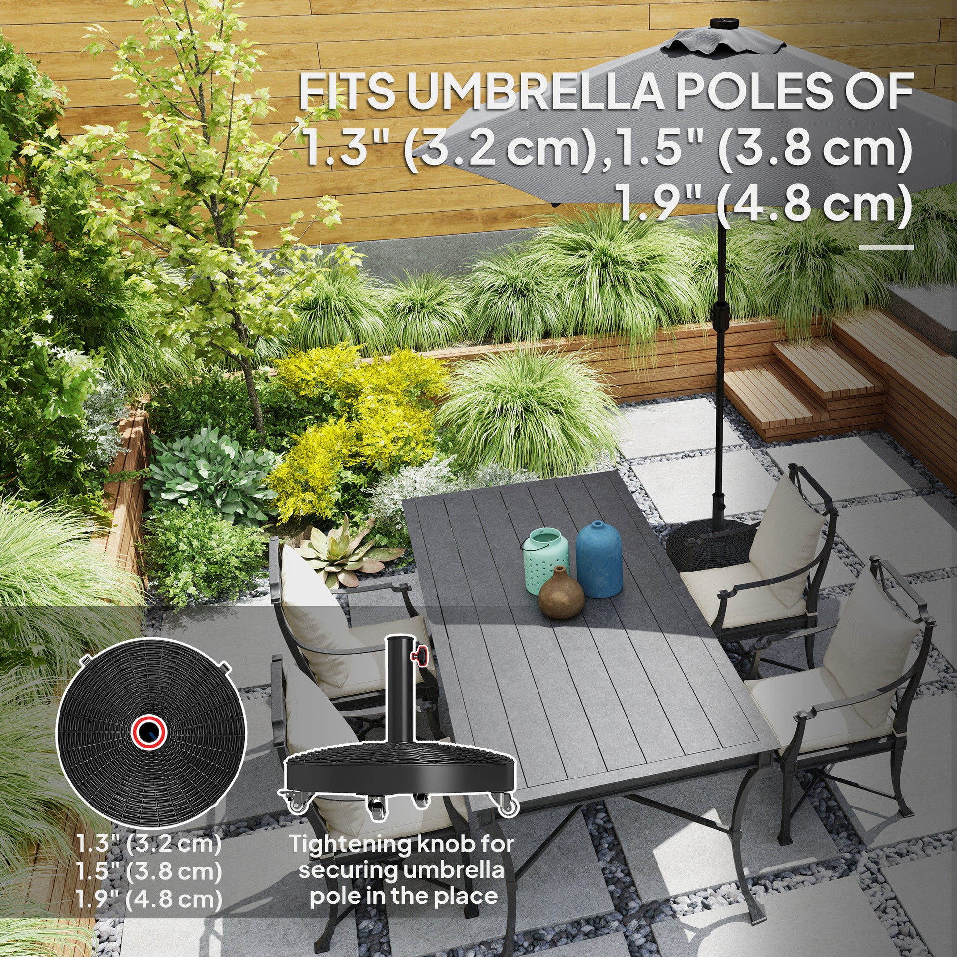 Round Umbrella Base with Wheels, Cement-Filled 55 lbs Parasol Stand, Black - Great for Garden and Patio