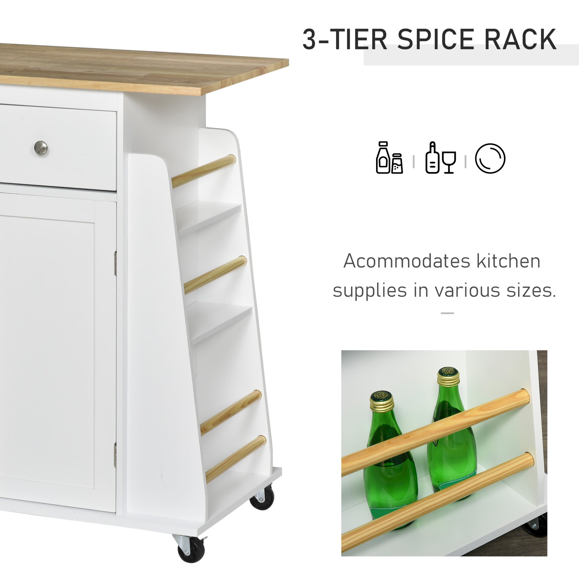 Rolling Kitchen Island Trolley Storage Cart with Rubber Wood Top, 3-Tier Spice Rack, Towel Rack Home Kitchen Carts, Whit