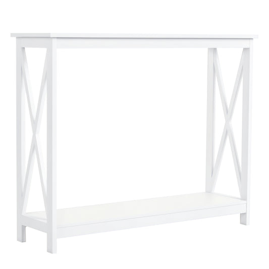 40" Console Table, 2 Tier X-Design Narrow Entryway Table with Storage Shelf for Behind Couch, Living Room, Hallway, Whit