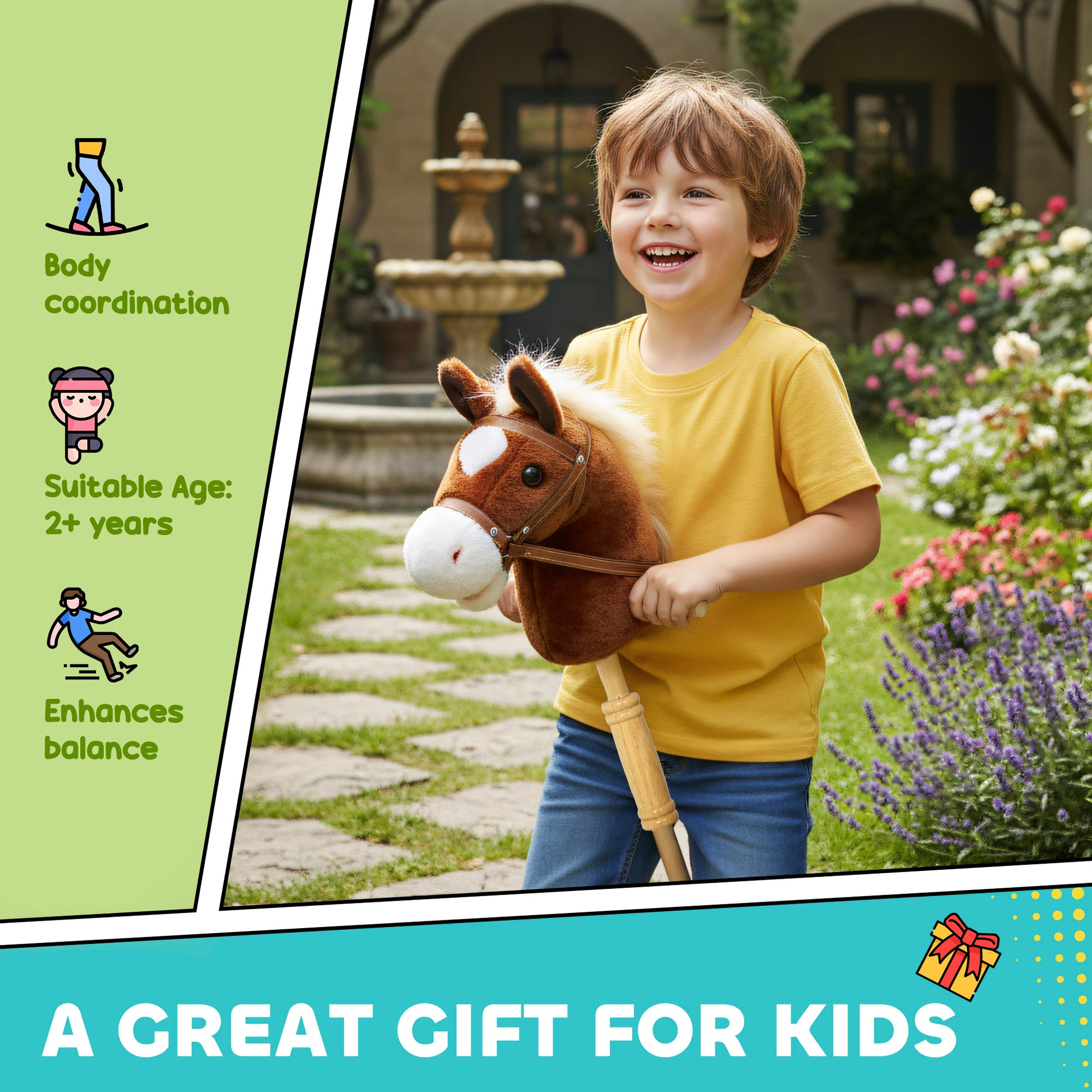 Qaba Unicorn Stick Horse, Plush Hobby Horse with Wood Wheels, Real Pony Neighing and Galloping Sounds, for Kids, Brown