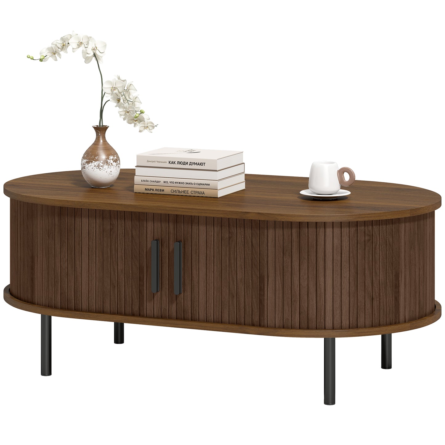 Coffee Table with Sliding Tambour Doors and Storage Center Table with Metal Legs, 39", Brown