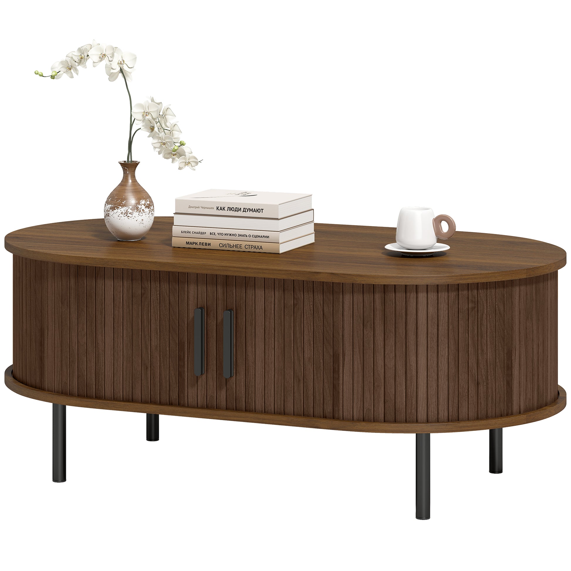Coffee Table with Sliding Tambour Doors and Storage Center Table with Metal Legs, 39", Brown