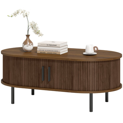 Coffee Table with Sliding Tambour Doors and Storage Center Table with Metal Legs, 39", Brown
