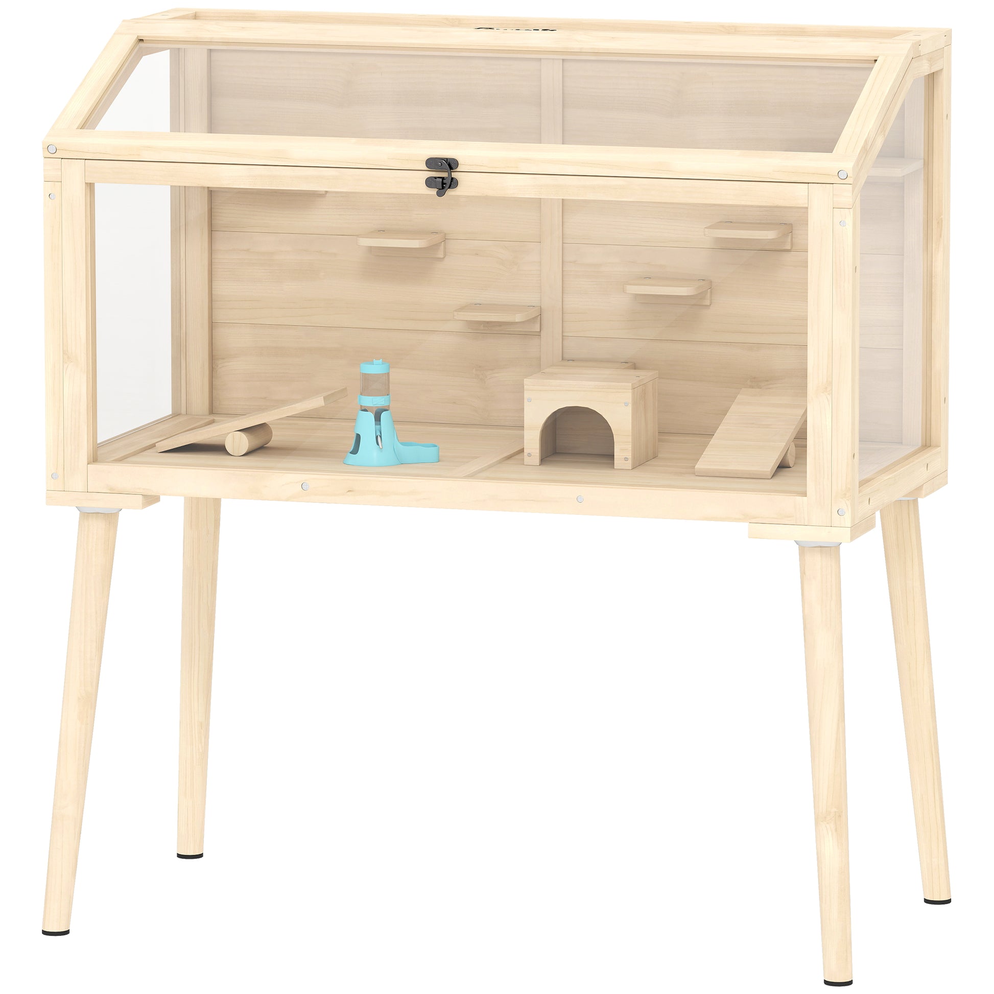 Wooden Hamster Cage, Hamster Habitat with Openable Top, Seesaws, Platforms, Water Bottle for Gerbils, 43.3"x20.5"x39.8"
