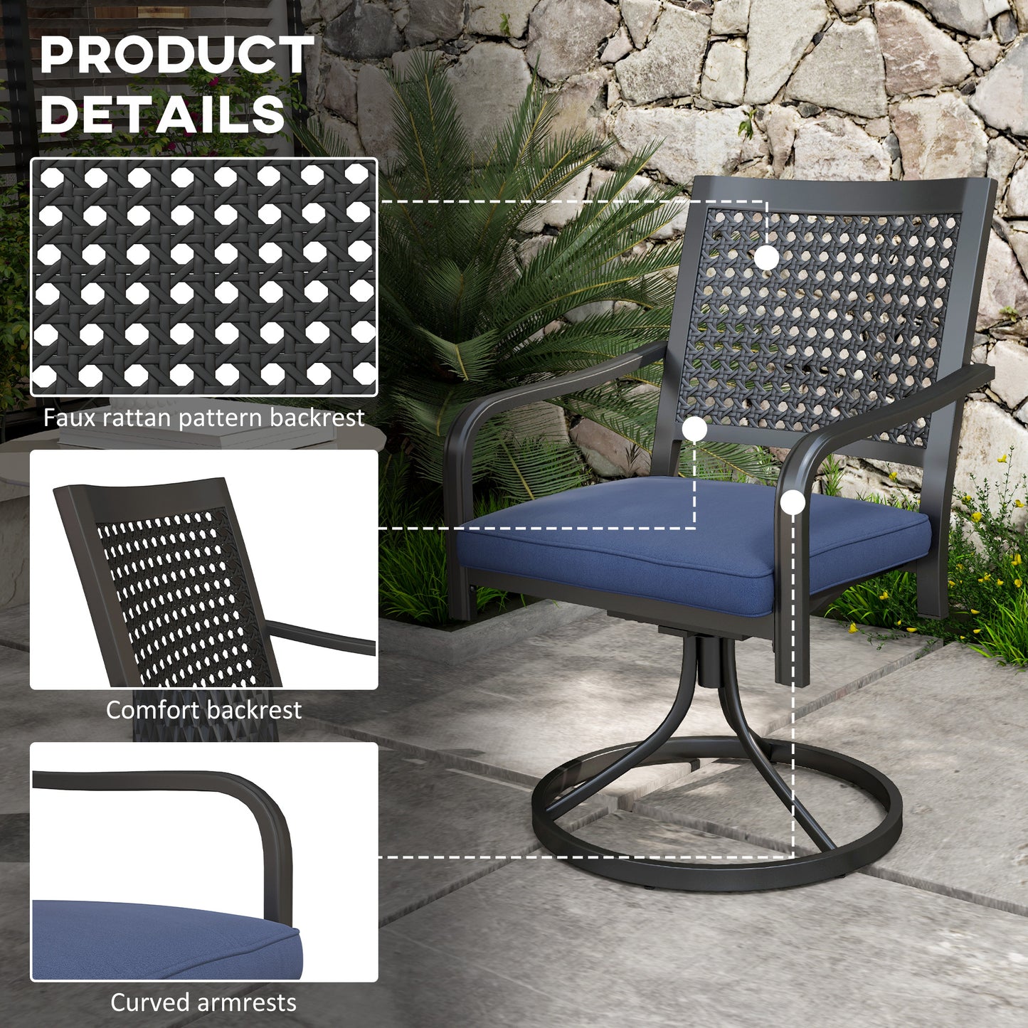 2 Pieces Patio Swivel Chairs with Cushion, Outdoor Swivel Rocker with Curved Armrests, Backrest for Garden, Balcony, Por