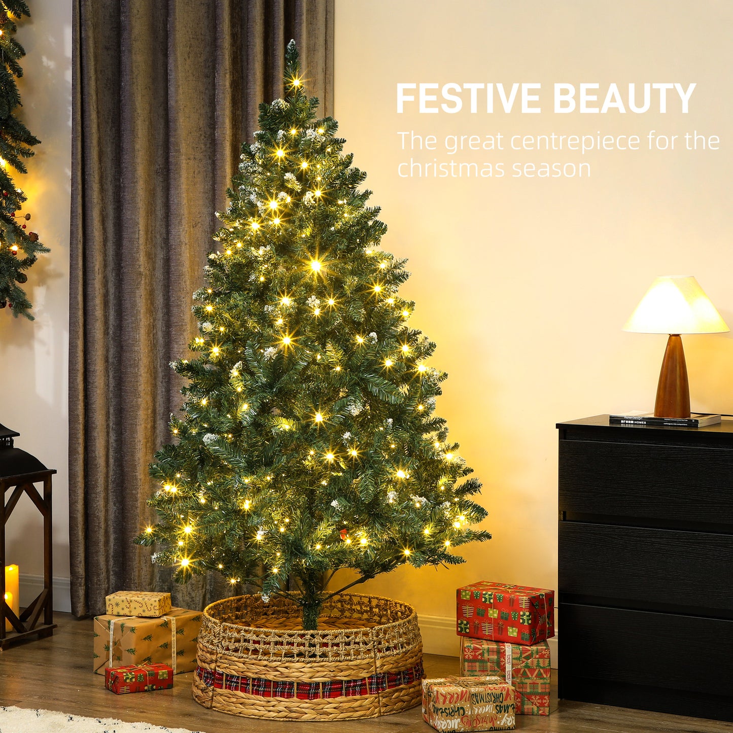 6 ft Frosted Prelit Christmas Tree, Full Spruce Xmas Tree with Dual Colour LED Light, Hinged Xmas Tree, Easy Assembly