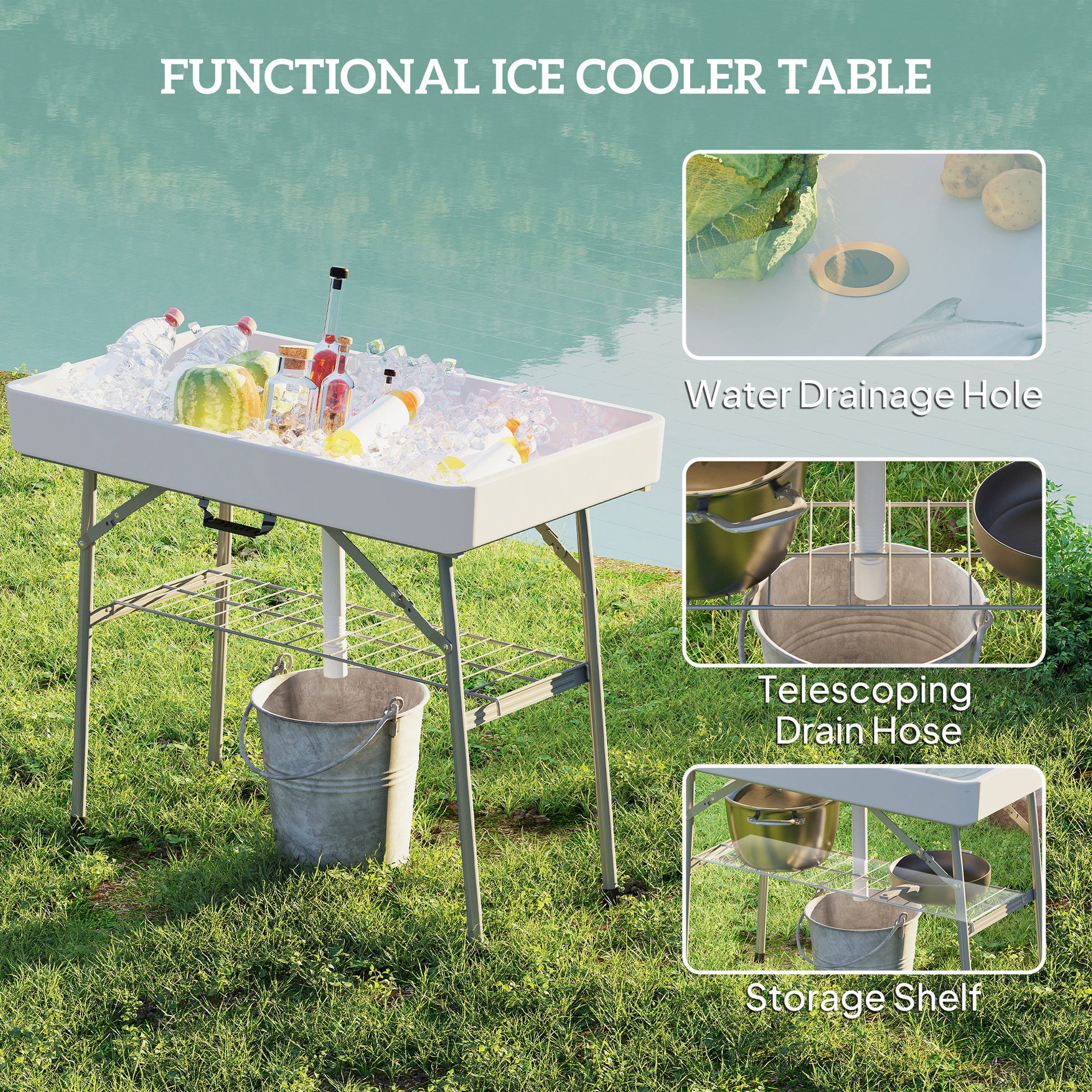3.4ft Folding Ice Cooler Table with Drain, Outdoor Patio Party Cooler for Drinks, Fishing Cleaning Table with Storage Sh