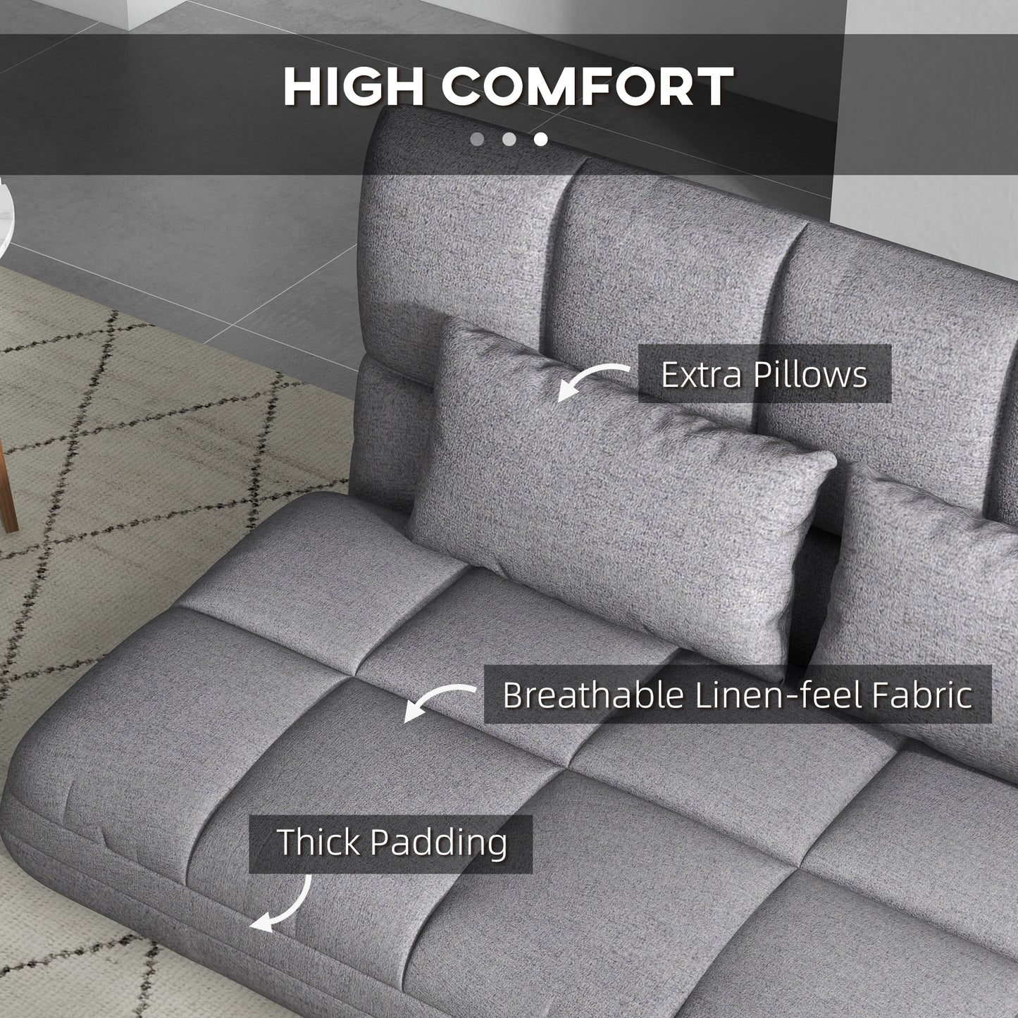 51" Folding Floor Sofa, Foldable 2-Seater Lazy Sofa Sleeper Bed, Adjustable Linen Floor Couch with 9-position Backrest, 
