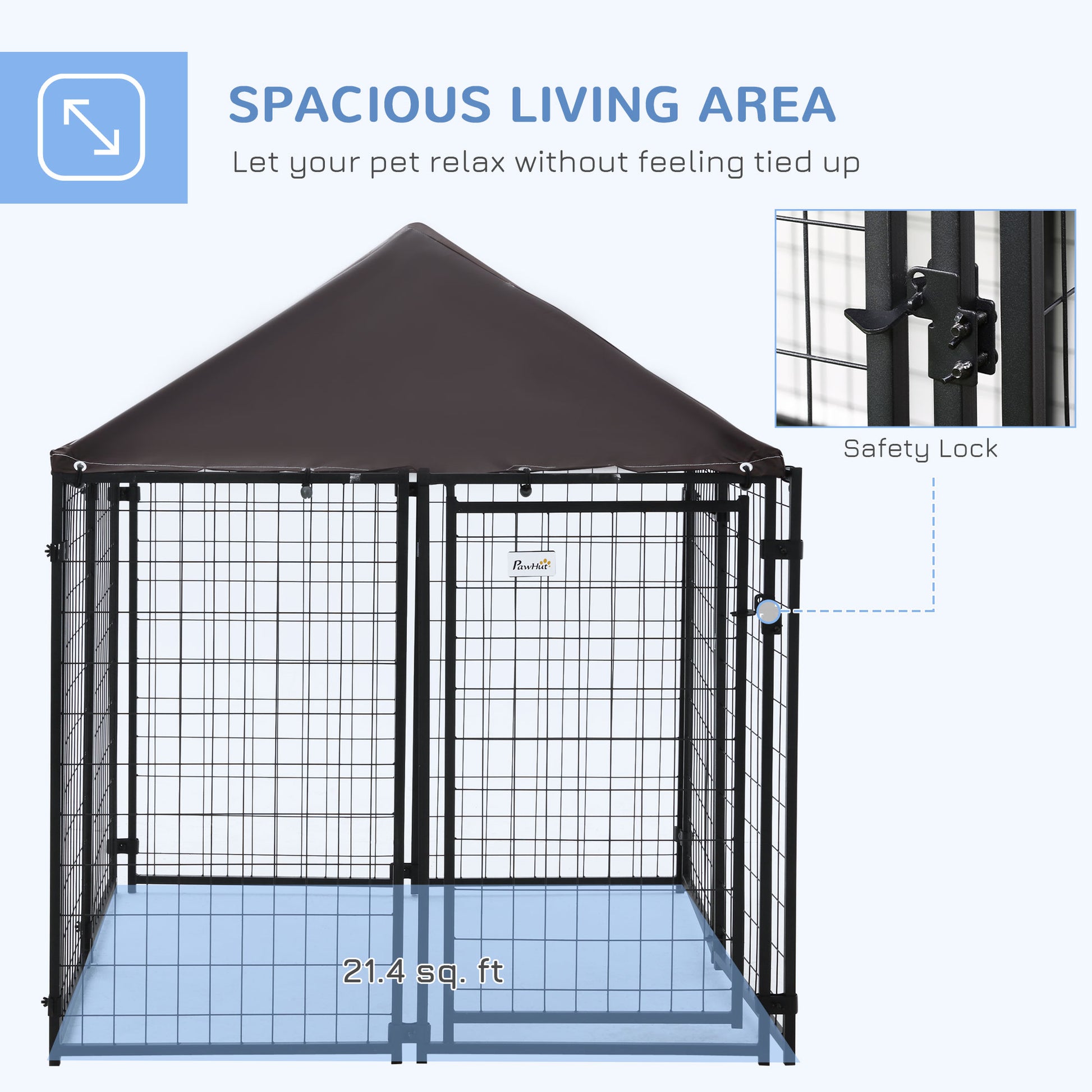 Outdoor Dog Kennel, Welded Wire Steel Fence, Lockable Pet Playpen Crate, with Water-, UV-Resistant Canopy Top, Door, 4.6