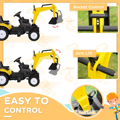 VarietyKart Ride on Tractor for Kids, Pedal Excavator Ride on Toy with Controllable Front Bucket for 3 Years Old, Yellow