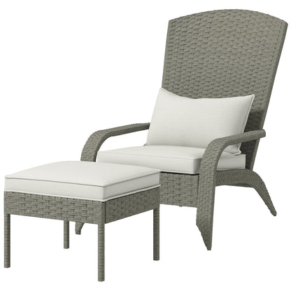 Wicker Adirondack Chair with Ottoman, Patio Cushioned Muskoka Chair, Outdoor Fire Pit Chair with High-back and Armrests,