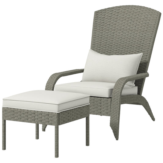 Wicker Adirondack Chair with Ottoman, Patio Cushioned Muskoka Chair, Outdoor Fire Pit Chair with High-back and Armrests,