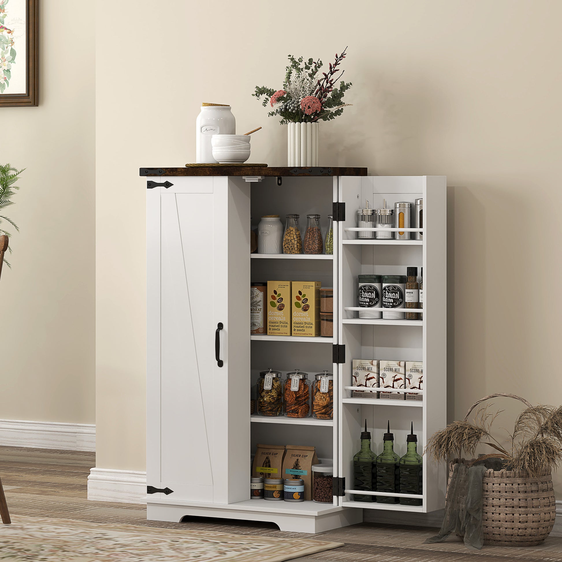 Kitchen Pantry Cabinet with 4-tier Shelving, 6 Spice Racks, Farmhouse Storage Cabinet with Adjustable Shelves, Easy Clea