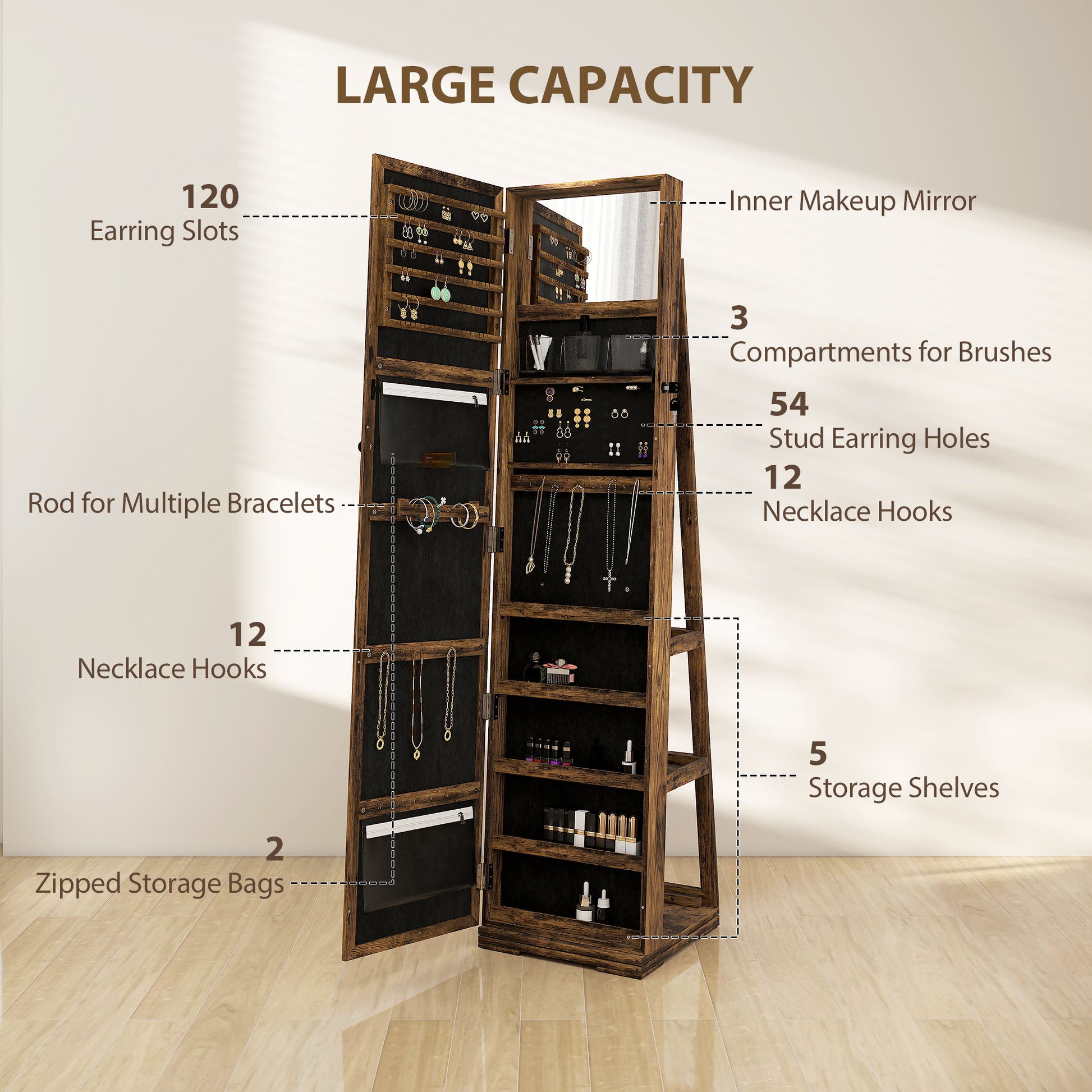 360° Swivel Jewelry Armoire, Lockable Mirror Jewelry Cabinet with Built-In Small Mirror, Rustic Brown